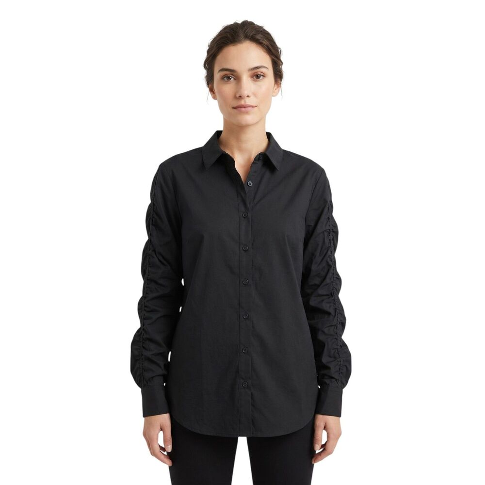 Chico's Black Button Down Ruched Sleeve Shirt Size 8